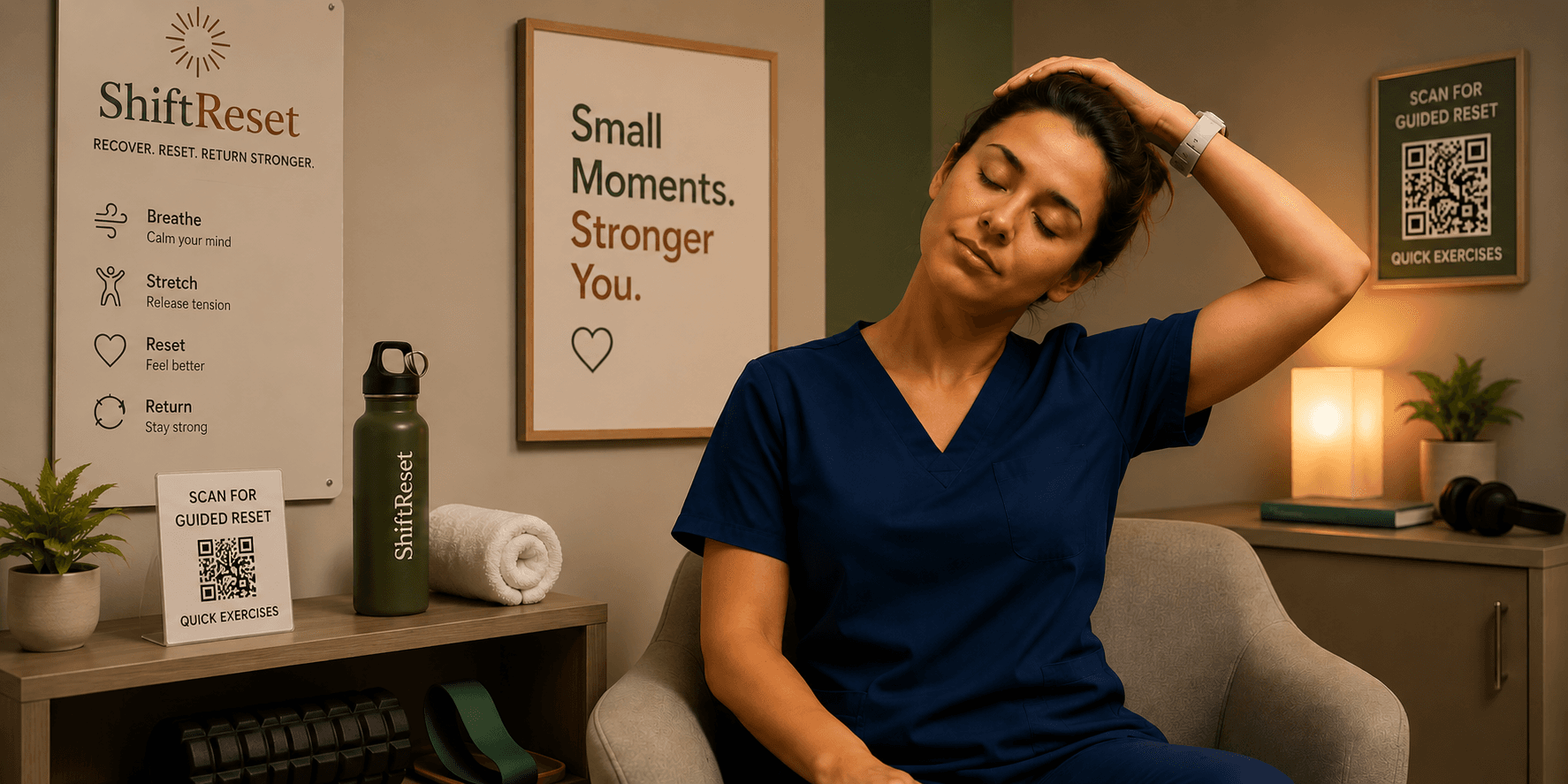 Healthcare worker in blue scrubs performs a neck stretch in a calming wellness break room.