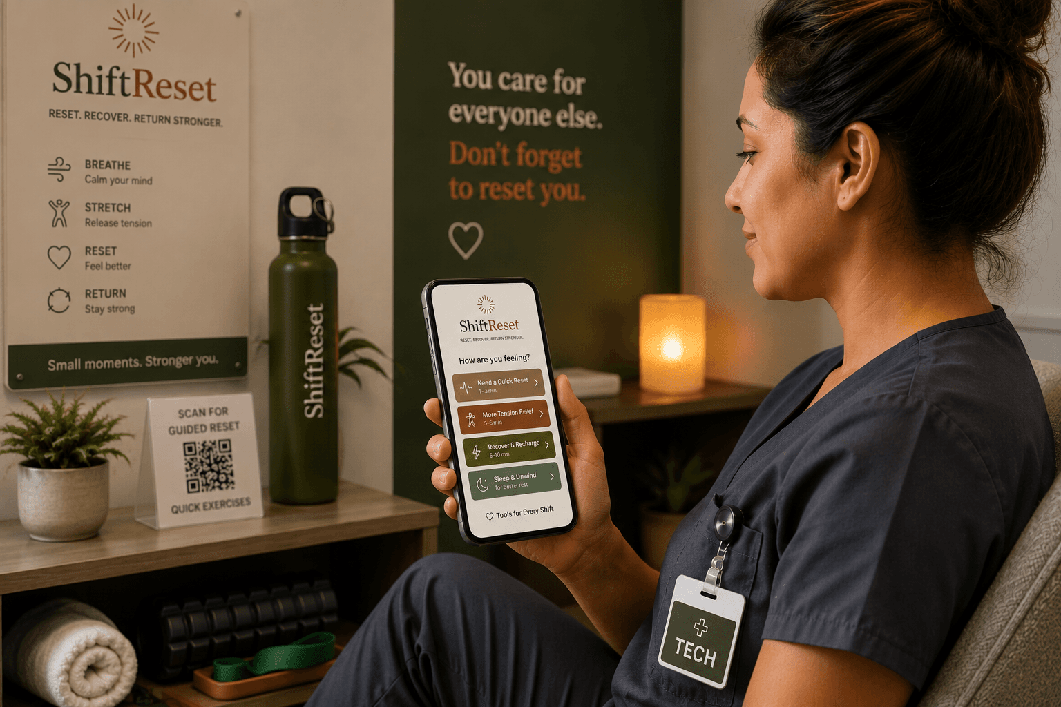 Healthcare worker in scrubs uses the ShiftReset wellness app on her phone in a breakroom.
