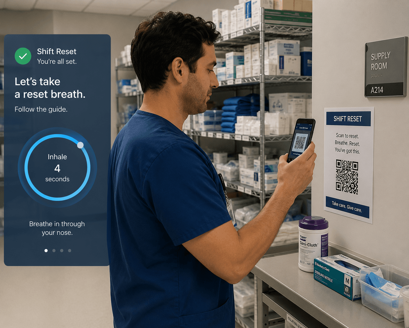 Male nurse scans a QR code for a breathing exercise in a medical supply room.
